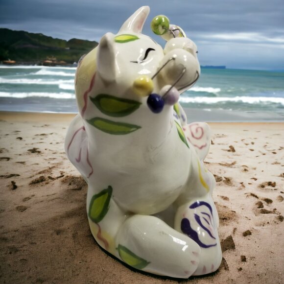 Whimsical White Cat Figure Colorful Swirls Signed By Amy LaCombe Annaco 2001 - Picture 5 of 13